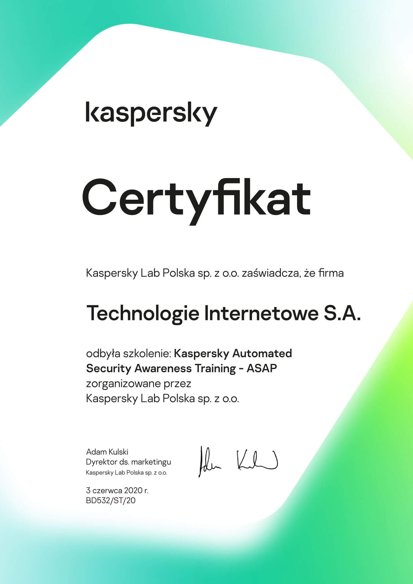 Kaspersky - Certyfikat odbycia szkolenia